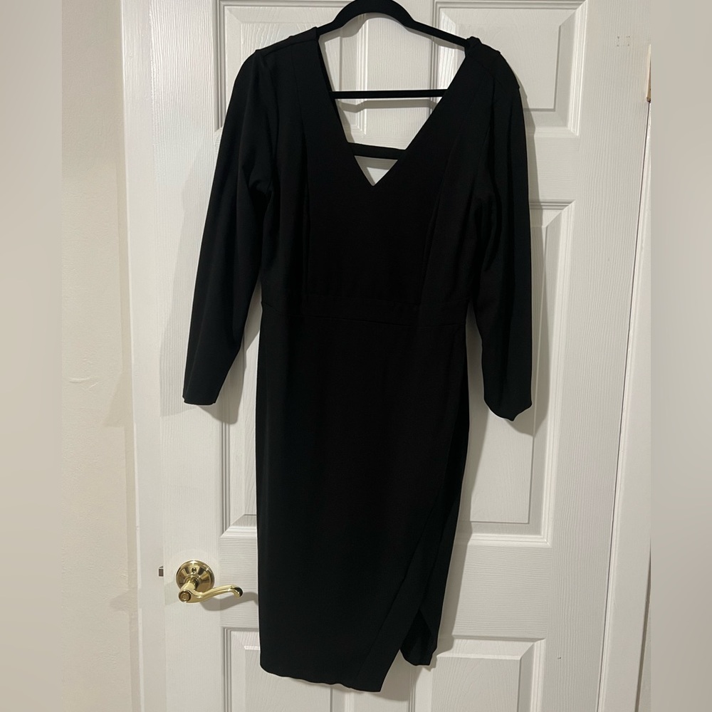Eloquii v neck long sleeved black dress with band across cleavage
